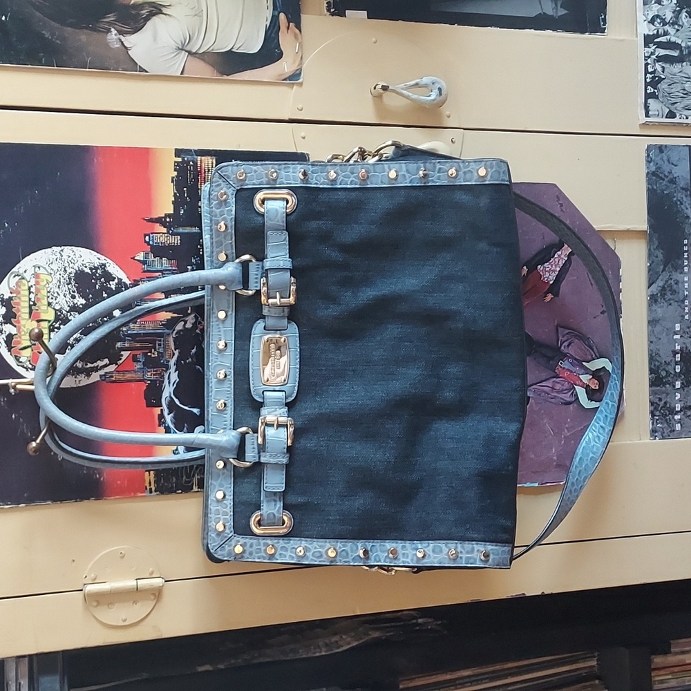 Michael Kors Hamilton Studded Dark Blue Denim Leather Tote Bag/Crossbody